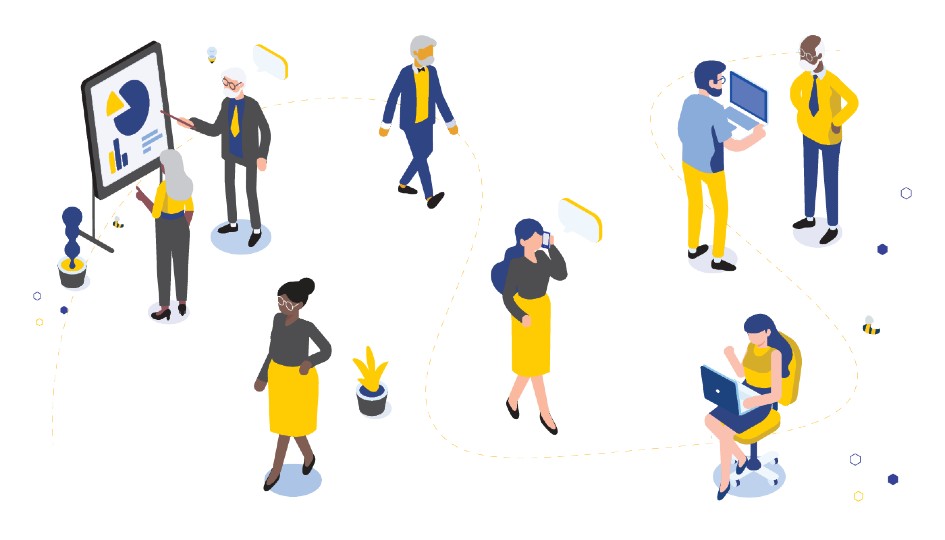 Vector image of various people talking, walking