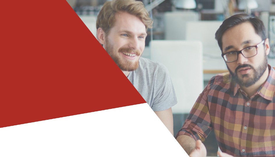 Two men talking over a red banner image