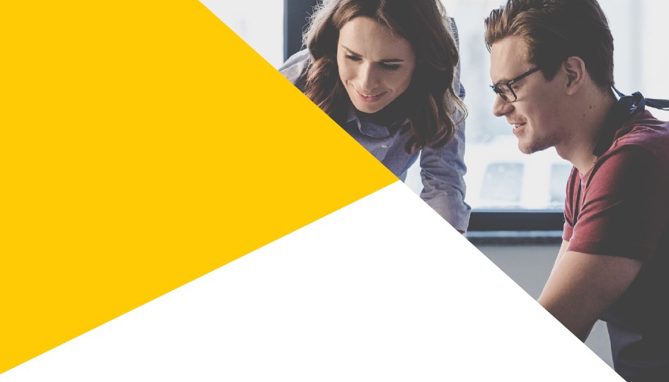 Two people in a white and yellow banner