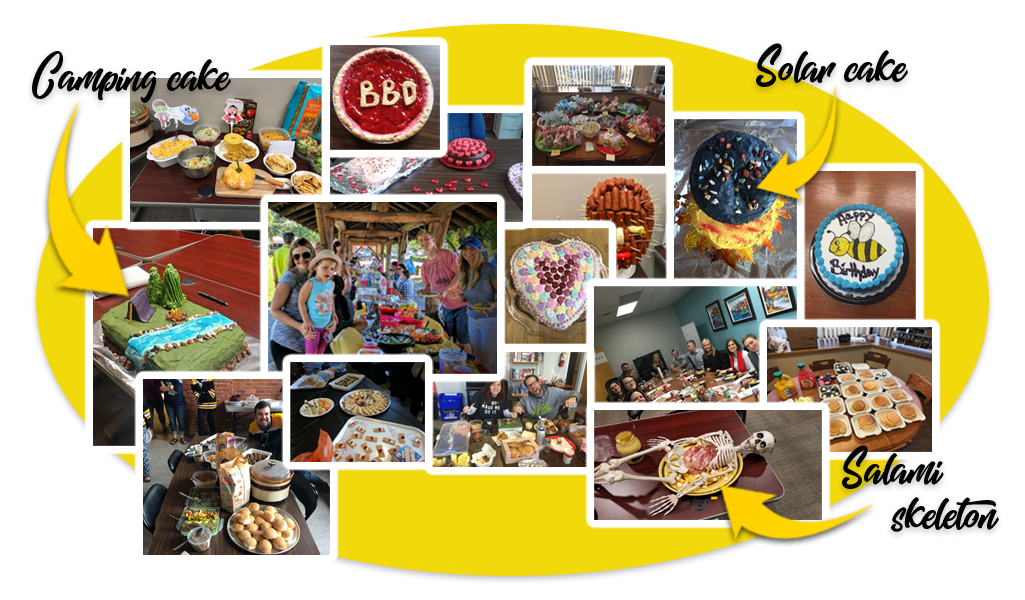 Collage of creative dishes made for office potlucks.
