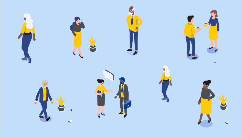 Vector image of various people chatting and walking