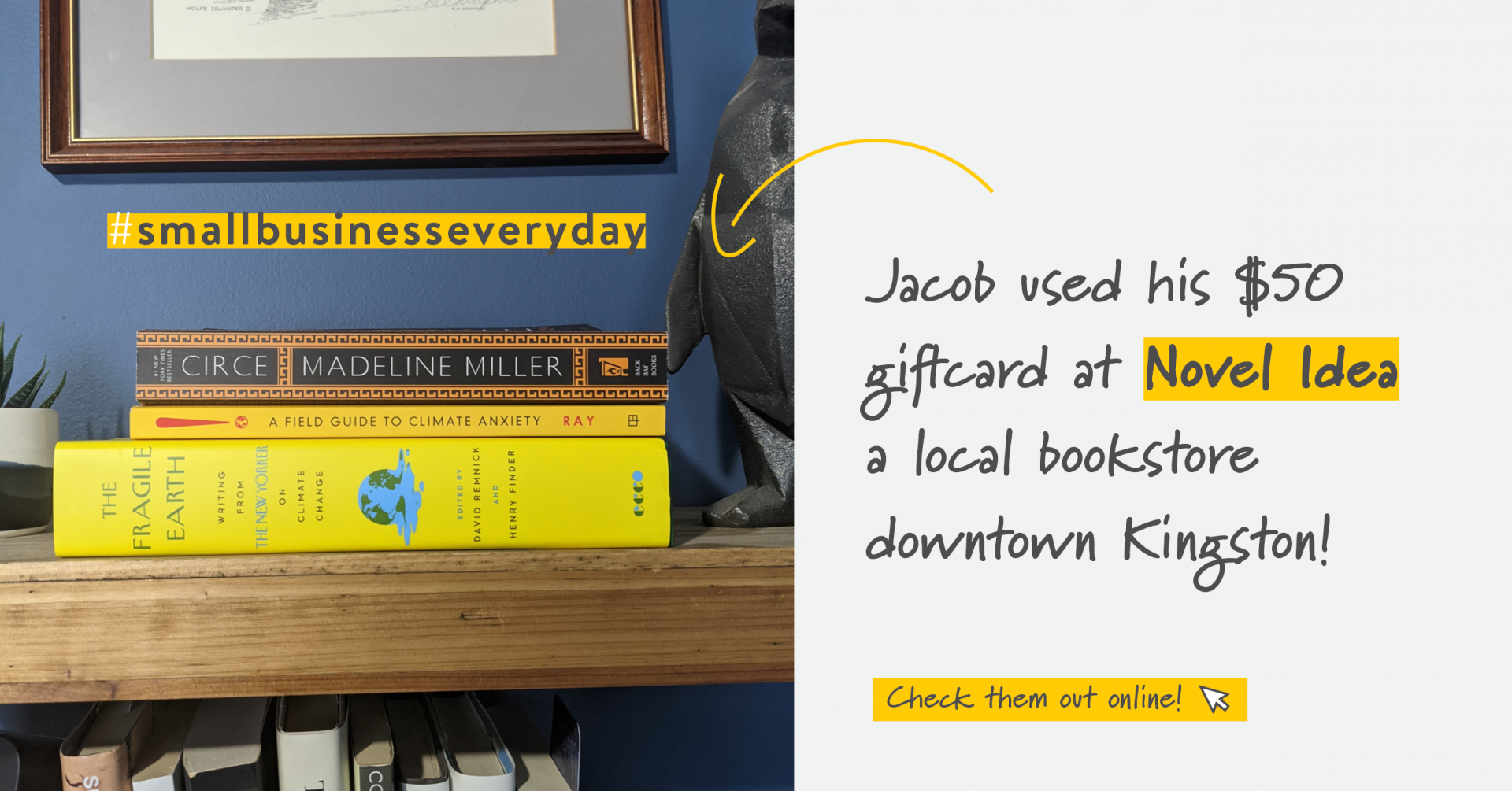 Stack of three books on a bookshelf | Support Small Businesses | Benefits by Design