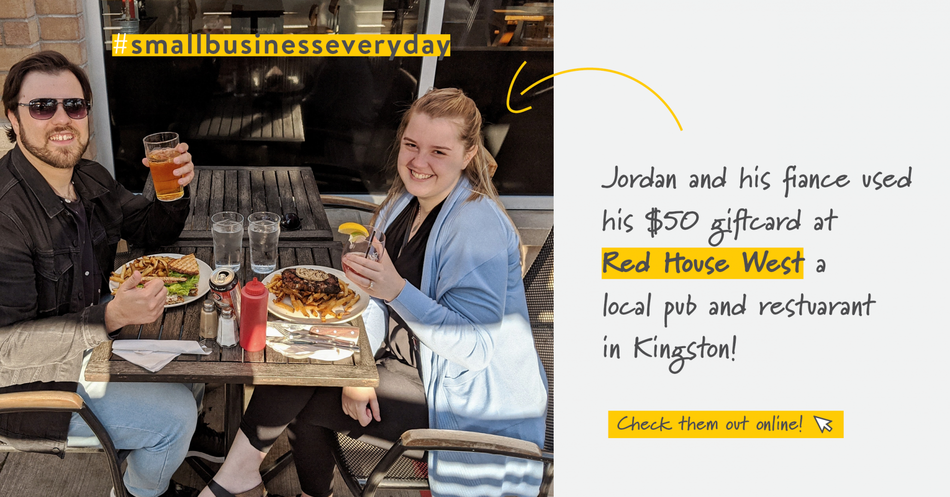 Two people eating at a restaurant table and smiling at the camera | Support Small Businesses | Benefits by Design