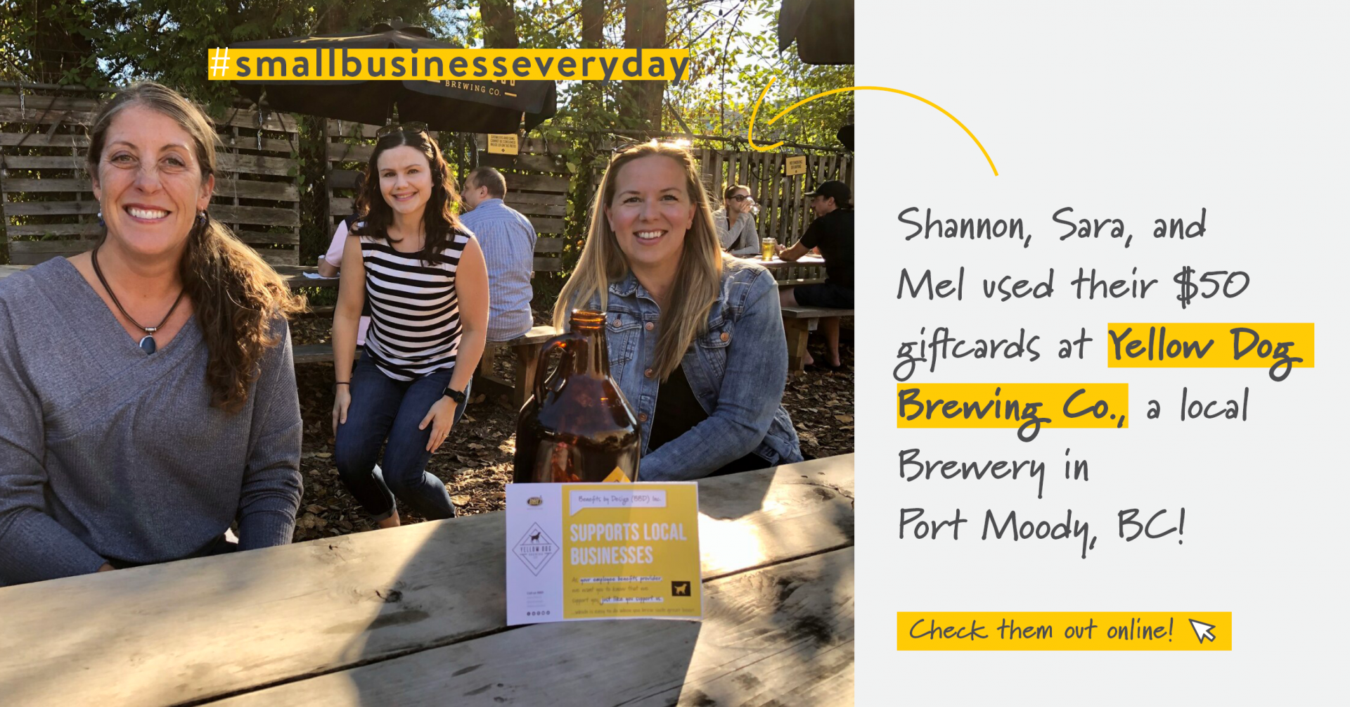 3 BBD employees at an outside patio smiling | Support Small Business | Benefits by Design