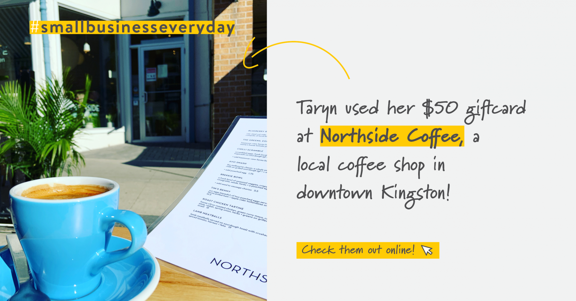 Blue coffee cup on a table with a restaurant menu | Support Small Businesses | Benefits by Design