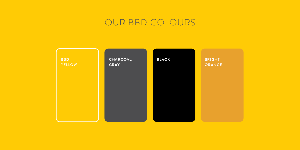 New BBD Colours side-by-side | yellow, charcoal grey, black, bright orange. | Brand Identity
