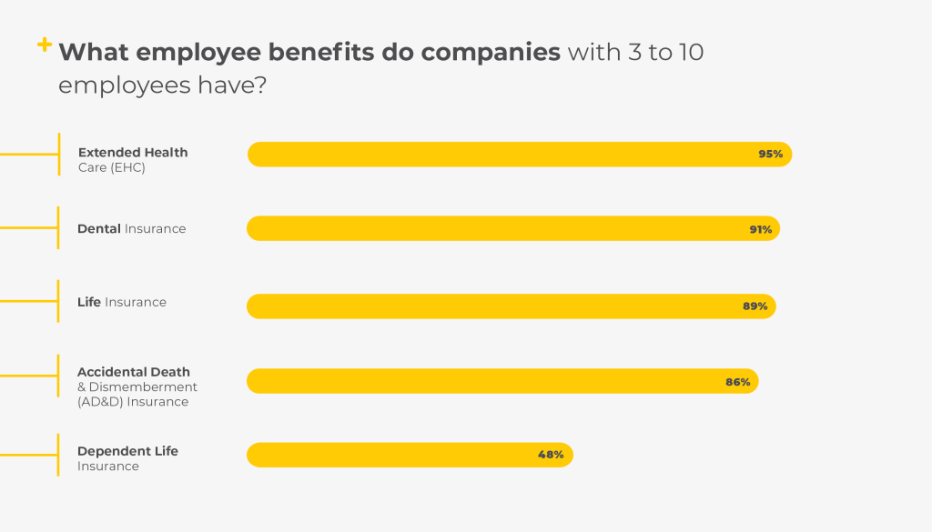"What employee benefits do companies with 3 to 10 employees have?"  Extended Health Care (EHC) - 95%
Dental Insurance - 91%
Life Insurance - 89%
Accidental Death and Dismemberment (AD&D) Insurance - 86%
Dependent Life Insurance - 48%