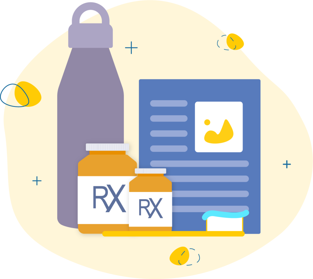 Vector Image of a Water Bottle, Pill Bottle, and File | Benefits by Design