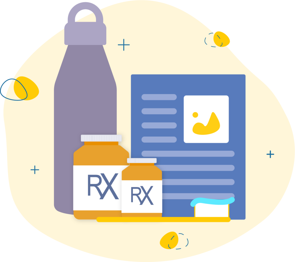 Vector Image | Water Bottle, Pill Bottle, Document on a Yellow Background