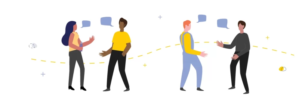 Graphic illustration of employees talking.