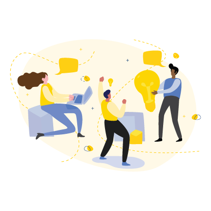 Happy Employees: 1 woman sitting on stool with laptop and speech bubble, 1 man standing behind a desk with one fist raised in a celebratory manner; 1 man standing and holding a giant light bulb and with a speech bubble.