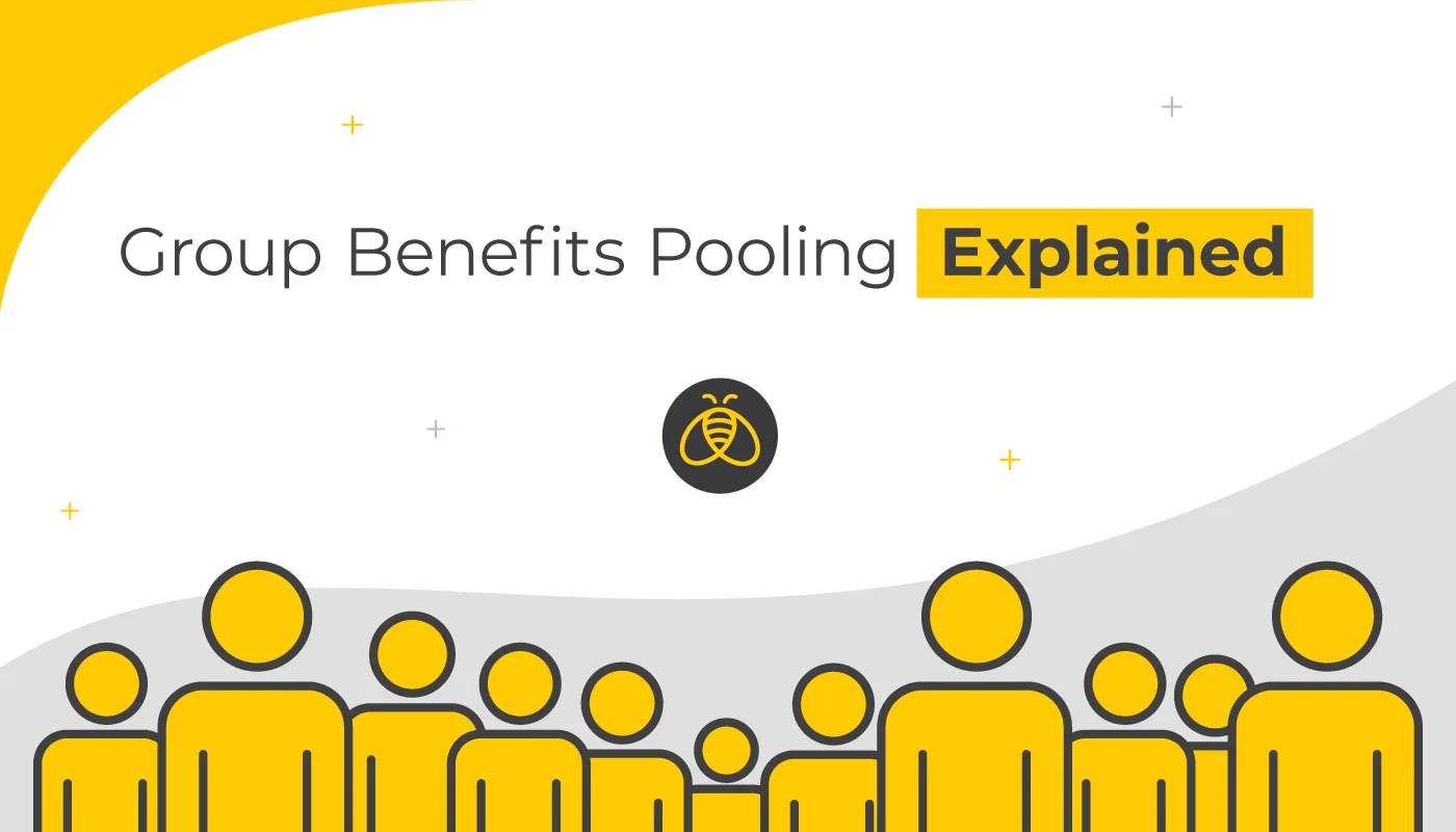 Text: Group Benefits Pooling Explained. Image: 11 graphic representations of people at varying degrees of distance and depth perception.