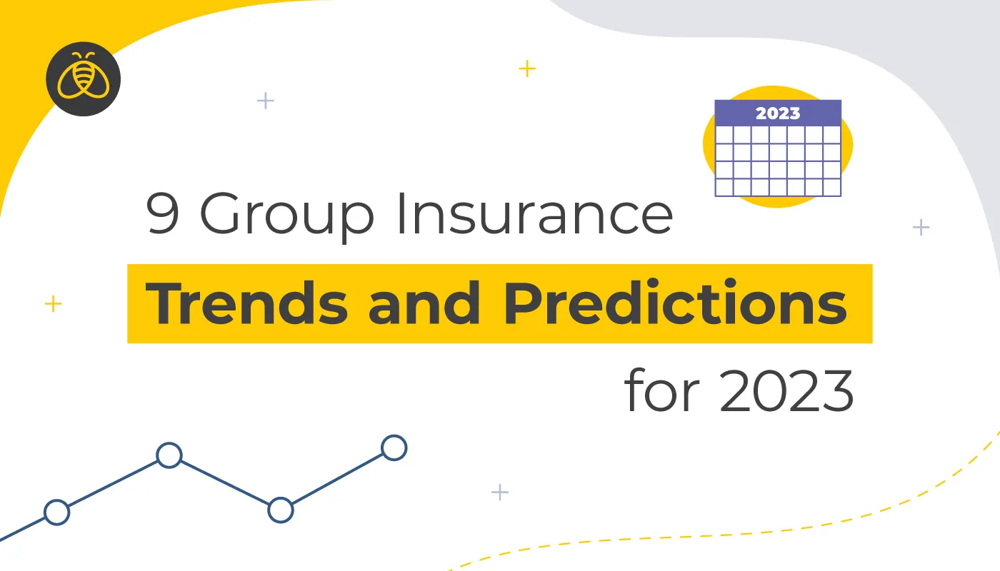 Text: 9 Group Insurance Trends and Predictions for 2023 . Image of calendar and graph line with circles going up.