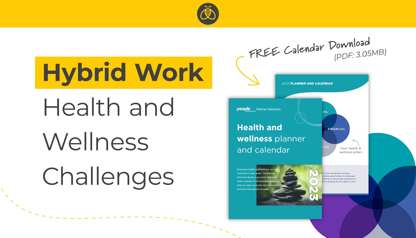 Text: Hybrid Work health and wellness challenges. Image: preview of wellness planner.