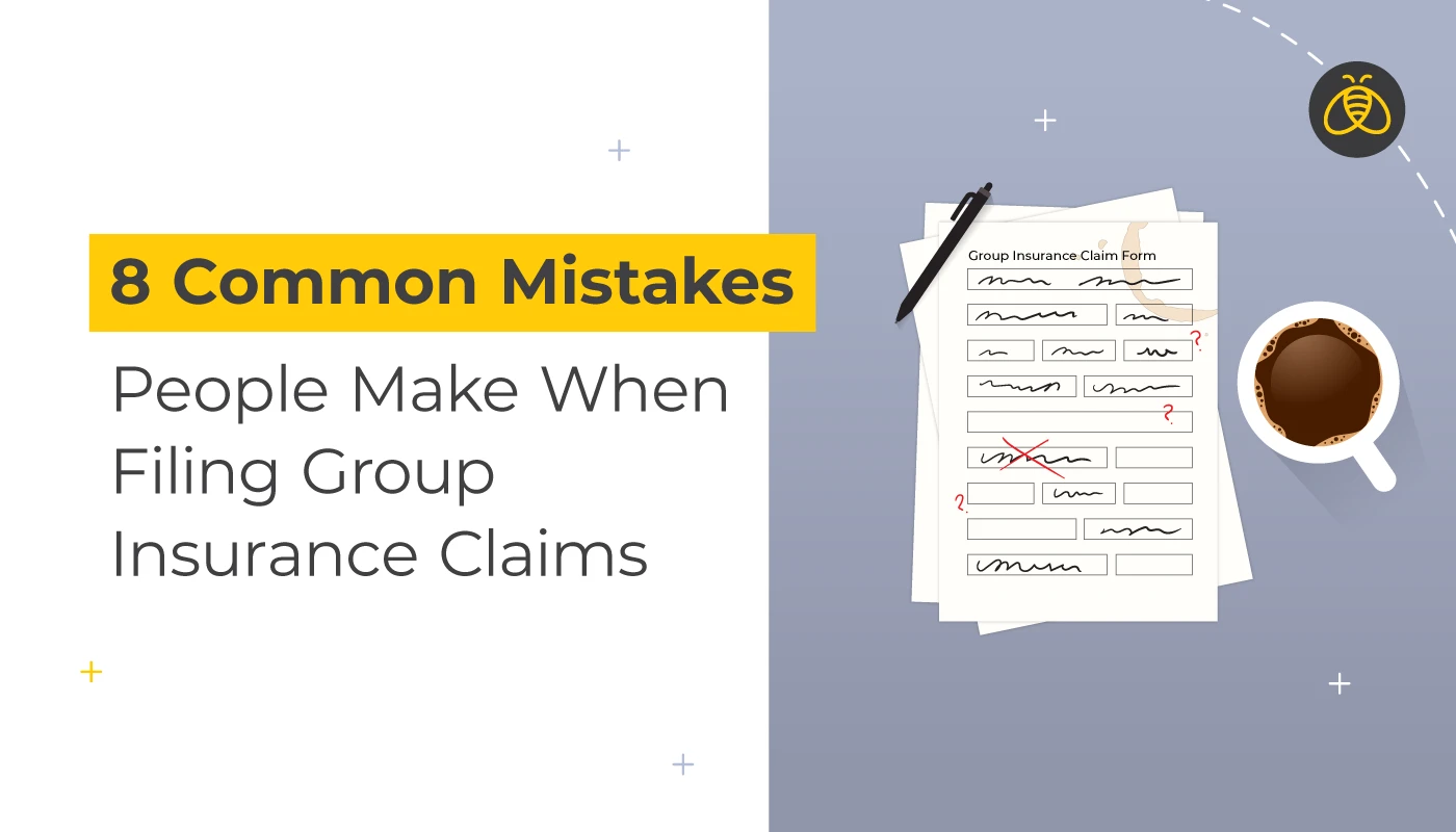 Text: 8 Common Mistakes People Make When Filing Group Insurance Claims. Image of claims forms, pen and coffee mug.