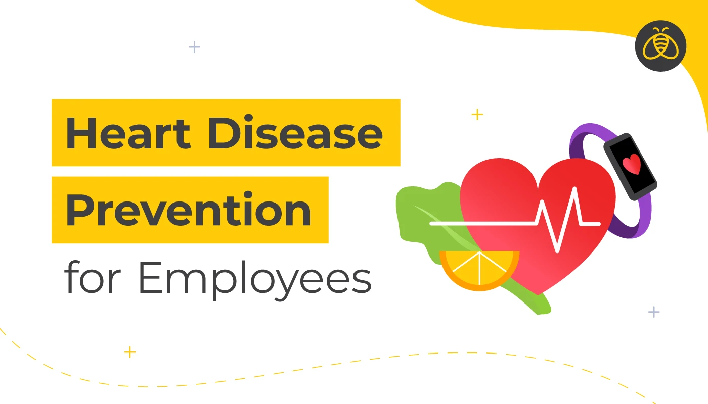 Text: Heart Disease Prevention for Employees. Image: heart with monitor lines going throu it, a fitness tracker bracelet, a leaf and a lemon slice