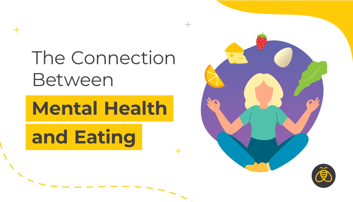 Test: The Connection Between Mental Health and Eating. Image: woman meditating in ohm position with food items floating above her.