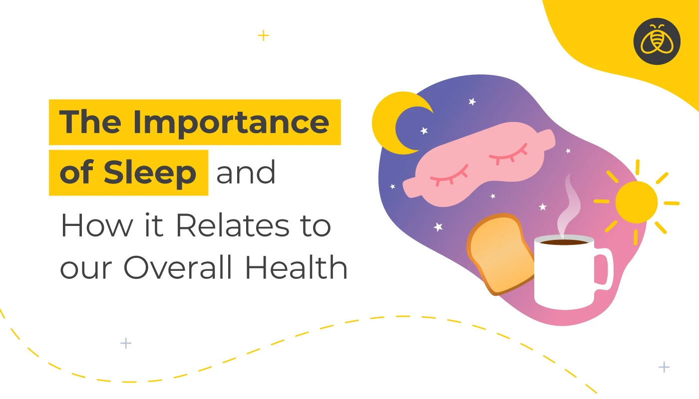 Text: The Importance of Sleep and How it Relates to our Overall Health. Image: sleep mask, toast, mug of coffee on pink and purple blotch with Sun and moon.
