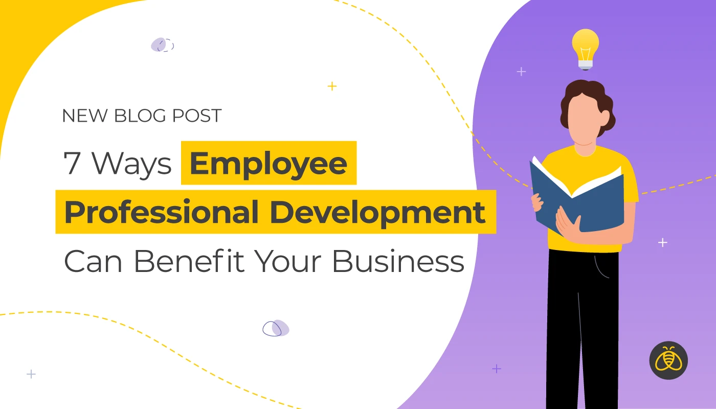 Text: 7 Ways Employee Professional Development Can Benefit Your Business. Image: man standing reading an open book with a lightbulb above his head.