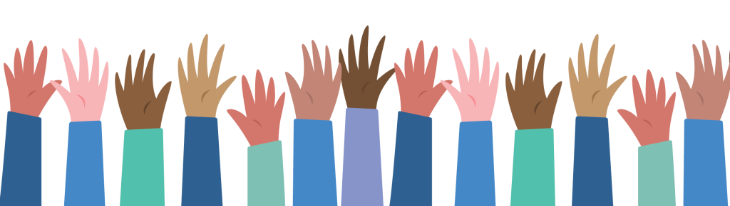 image of 13 raised multi-ethnic hands
