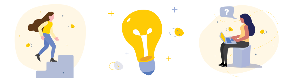 3 images: woman ascending stairs, giant yellow lightbulb, woman sitting on stool with laptop in lap and chat bubble over her head with a question mark
