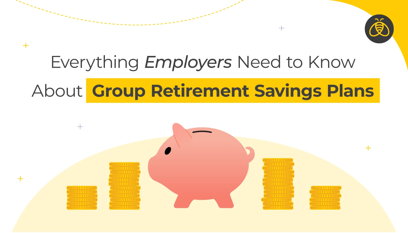 Text: Everything Employers Need to Know About Group Retirement Savings Plans. Image: piggy bank surrounded by stacks of coins.