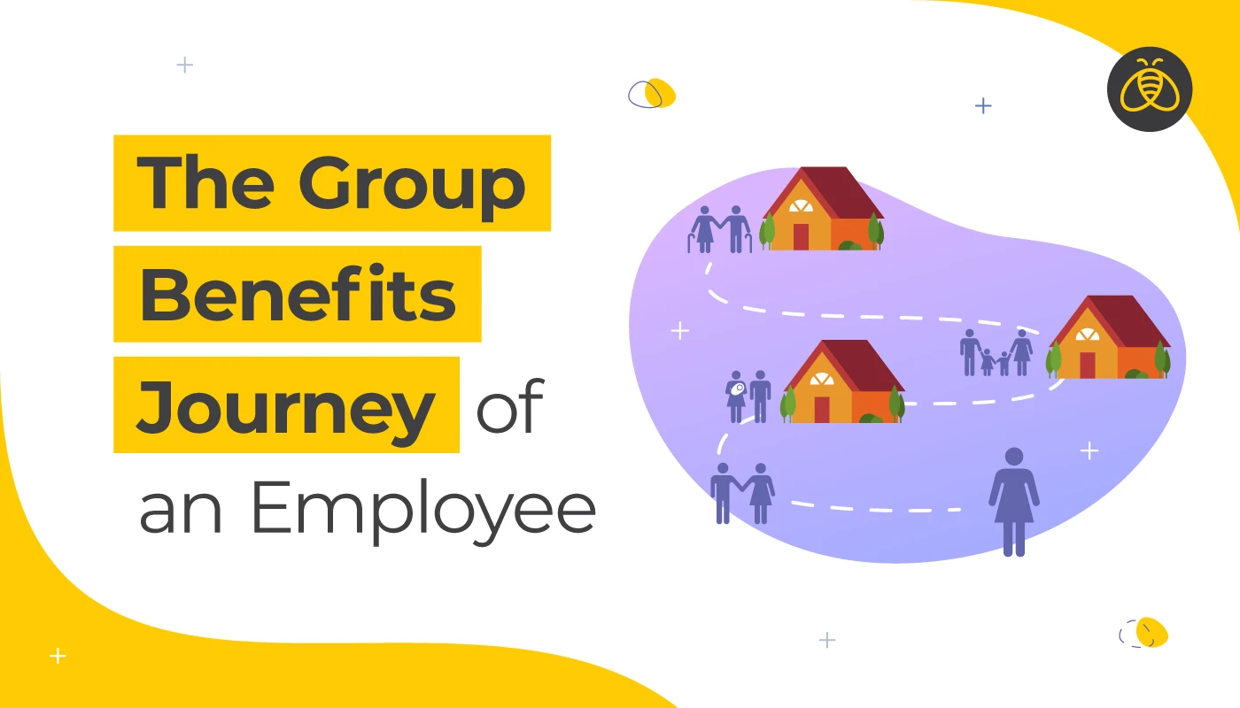 Text: The Group Benefits Journey of an Employee. Image: Houses along a path with stick figures representing different stages of family life