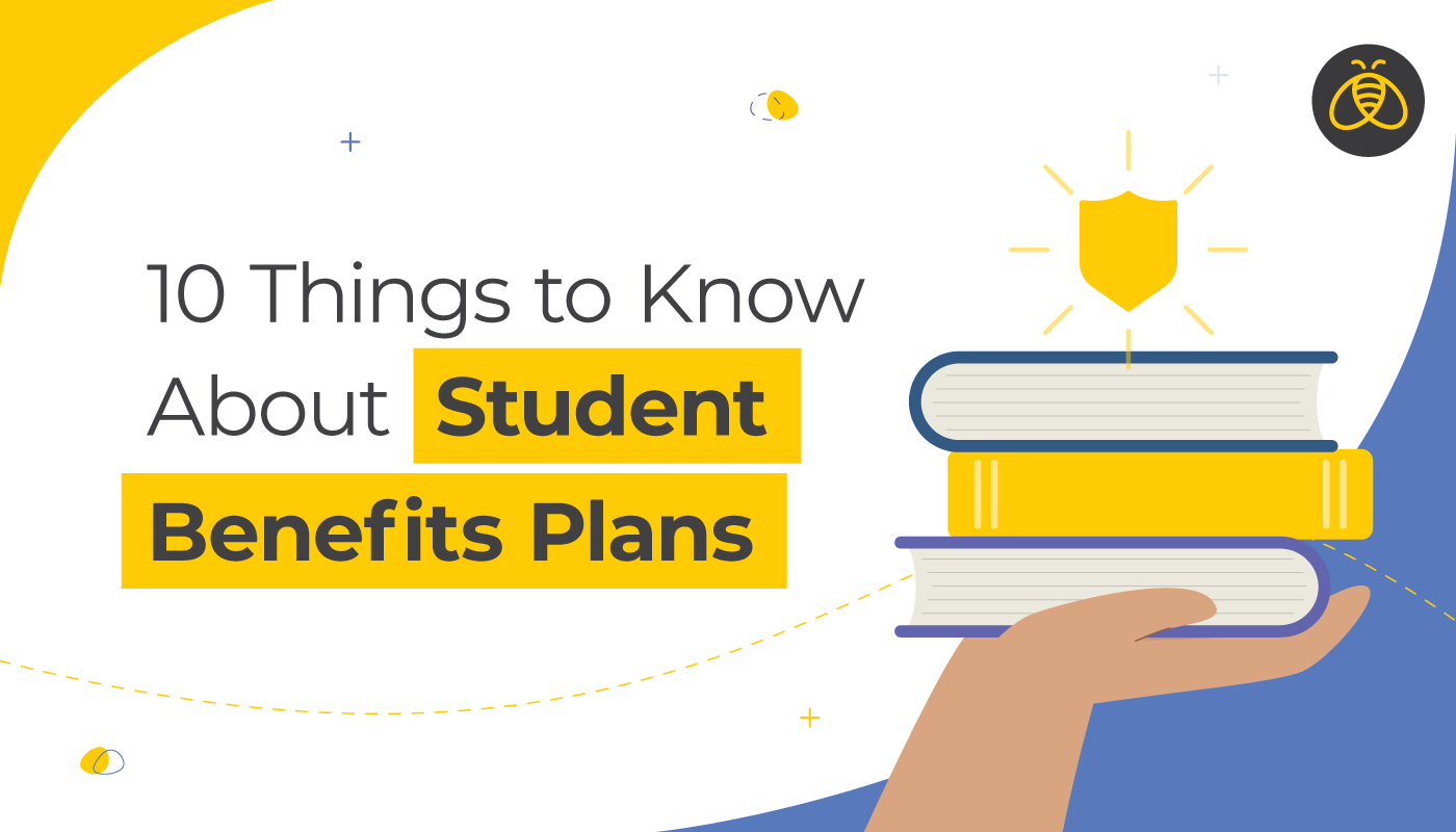 Text: 10 Things to Know About Student Benefits Plans. Image of hand holding up a stack of three books, with a shield hovering above them.