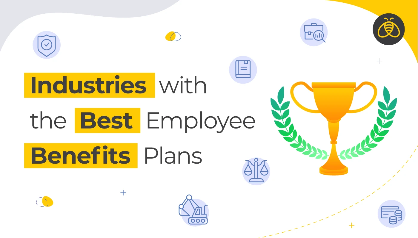 Text: Industries with the Best Employee Benefits Plans. Image of winners cup.