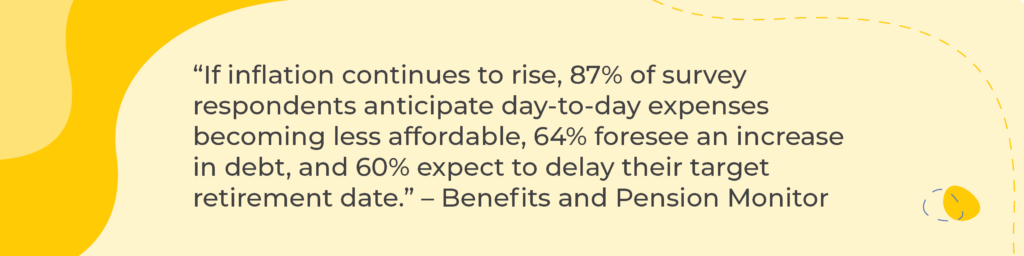“If inflation continues to rise, 87% of survey respondents anticipate day-to-day expenses becoming less affordable, 64% foresee an increase in debt, and 60% expect to delay their target retirement date.” – Benefits and Pension Monitor   