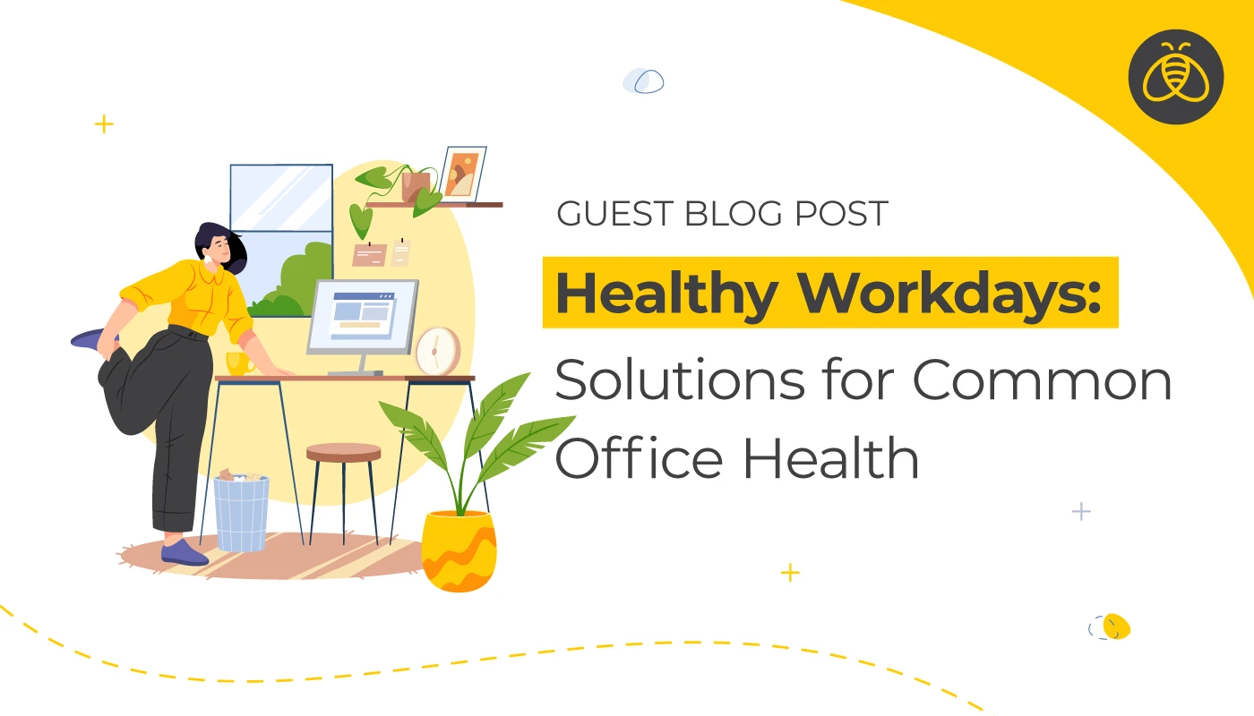 text: Healthy Workdays: Solutions for Common Office Health Problems. Image of office worker doing standing stretches at their desk.