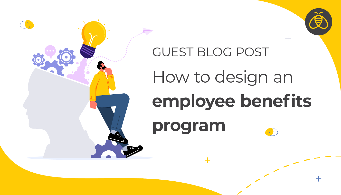 Text: How to design an employee benefits program. Image: person in thought leaning against a giant head that is cut open on top with gears and a lightbulb coming out of it.