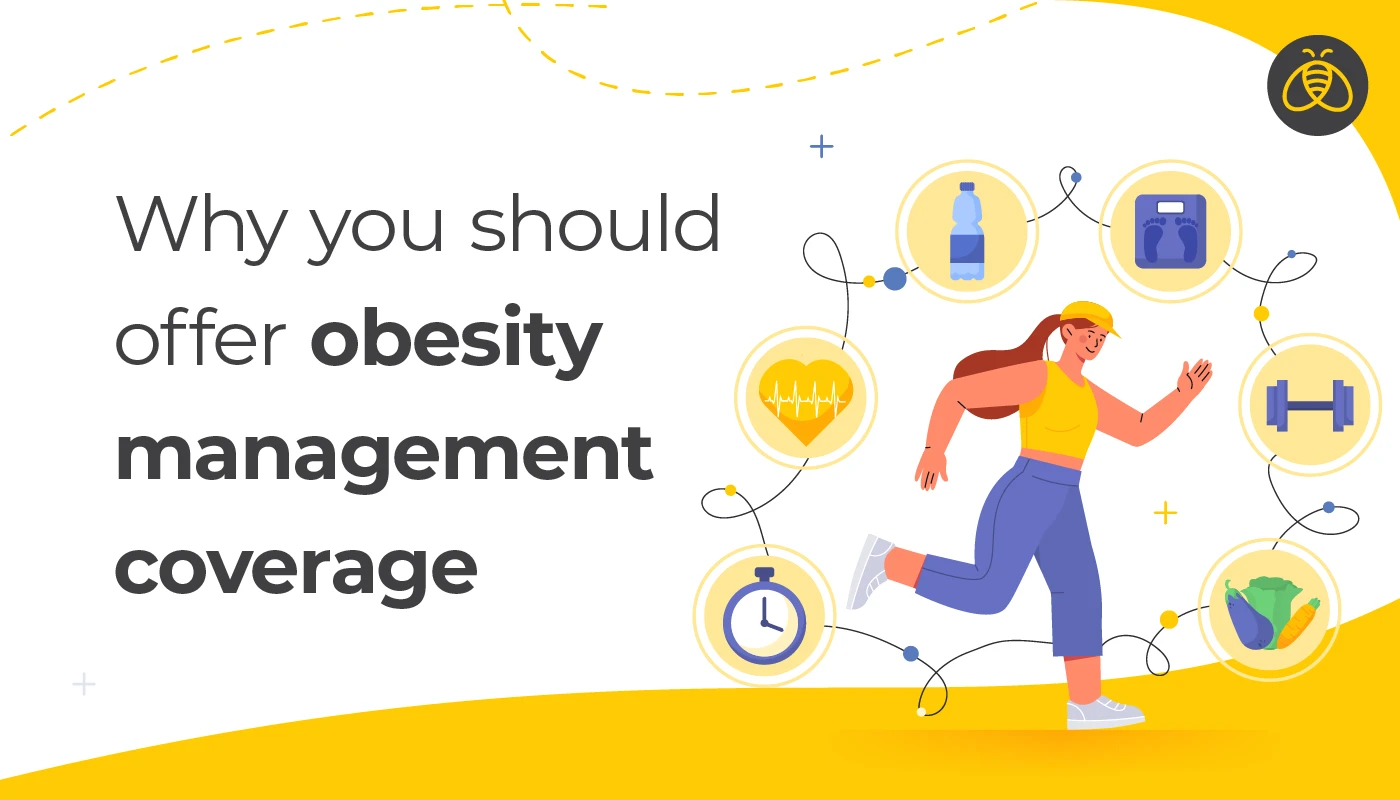 text: Why you should offer obesity management coverage.. Image: woman jogging with symbols of a stop watch, water bottle, dumbbell, scale, heart monitor and fruits and veggies floating around her.
