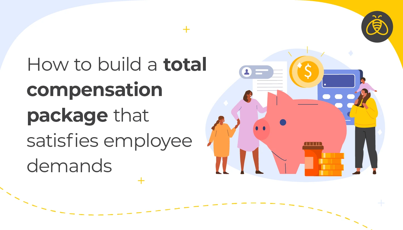 Text: How to build a total compensation package that satisfies employee demands. Image: a family of two adults and two children, standing around a giant piggy bank with a calculator and a form in the background.