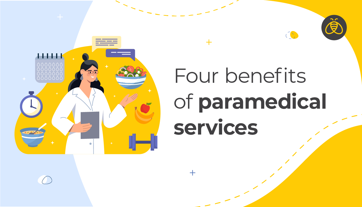 Text: Four benefits of paramedical services> image: woman in white lab coast surrounded by healthy food options, a dumbbell, a calendar and a stop watch.