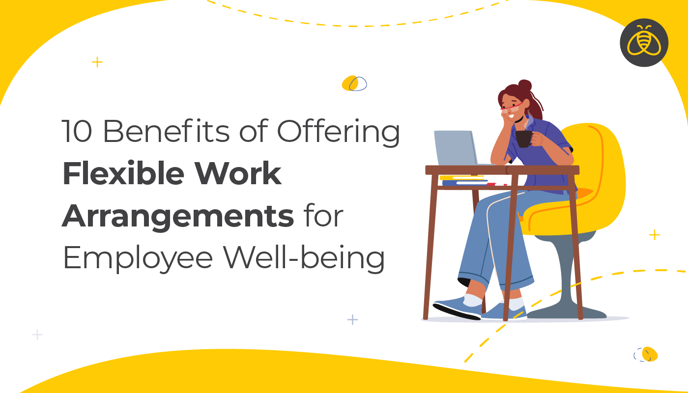 Text: 10 Benefits of offering flexible work arrangements for employee well-being. Image: woman siting in a comfortable yellow chair behind a home desk with books and a laptop on it.
