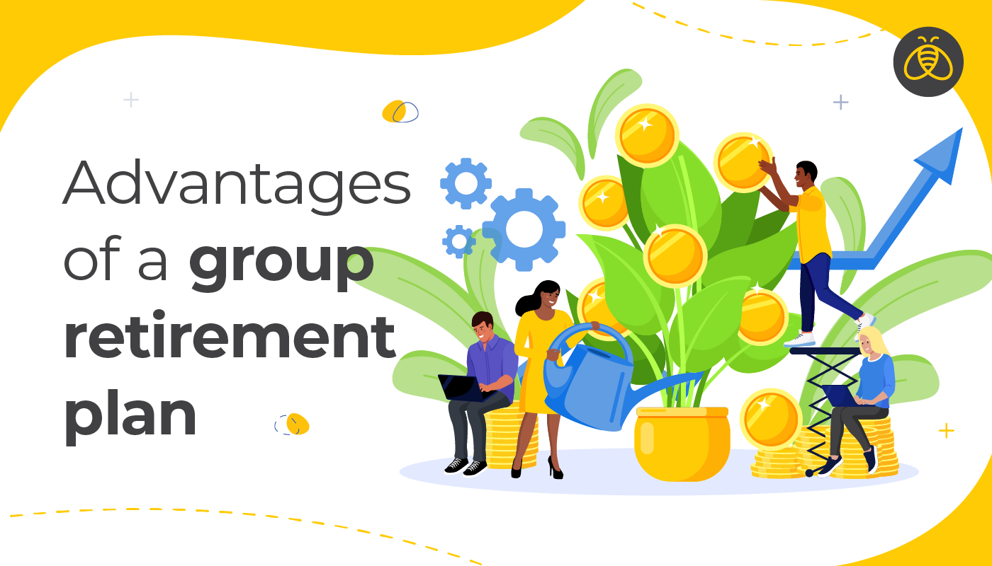 Text: Advantages of a group retirement plan. Image: A man and a woman sitting down on their computers on either side of a man and woman who are watering their coin plants.