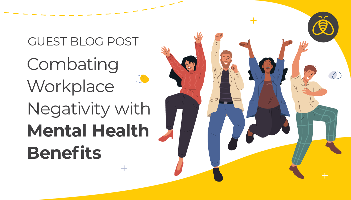 text: Combating Workplace Negativity with Mental Health Benefits. Image of four employees jumping with their hands in the air.