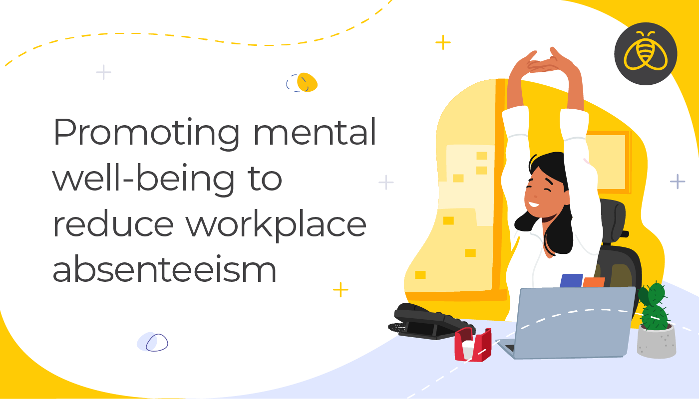 Promoting mental well-being to reduce workplace absenteeism. Image of woman sitting behind desk stretching her arms in the air and smiling
