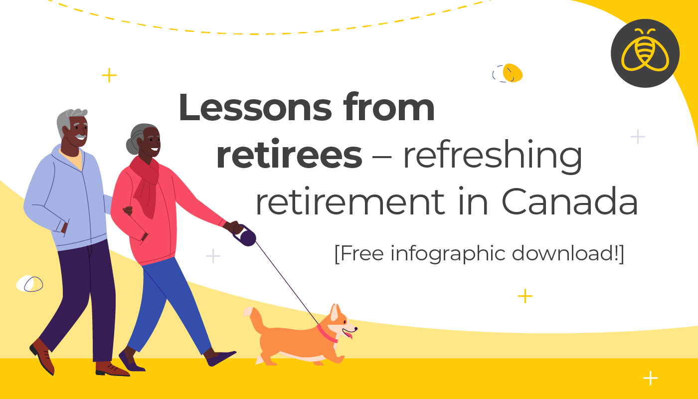 Text: Lessons from retirees – refreshing retirement in Canada [Free infographic download]. Image: Retired couple with linked arms walking their dog (corgi).