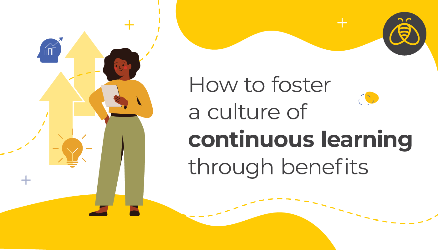 How to foster a culture of continuous learning through benefits. Image of woman reading with arrows going up and a lightbulb
