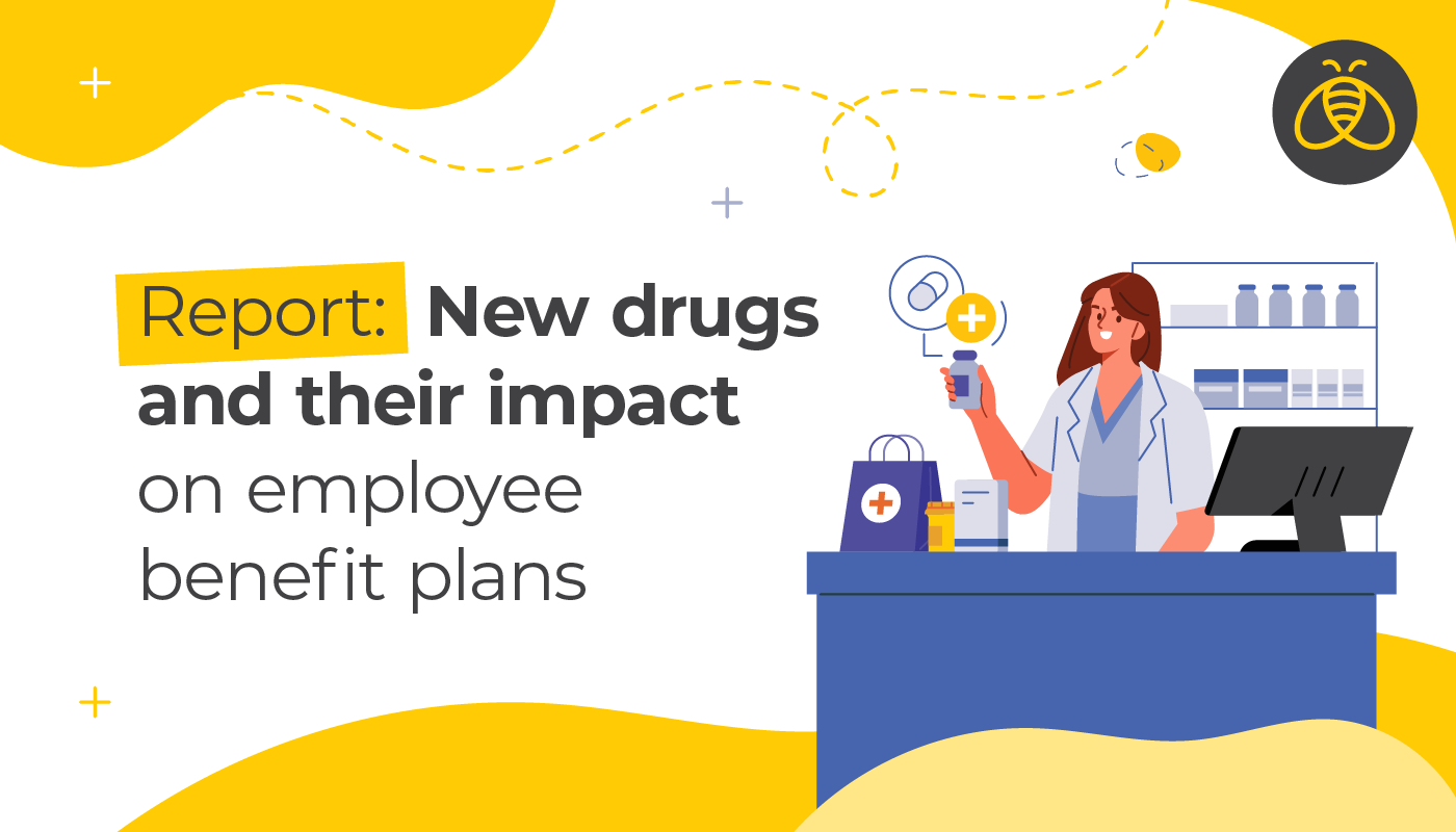 Report: New drugs and their impact on employee benefit plans. Image of scientist behind a desk with experiment equipment.