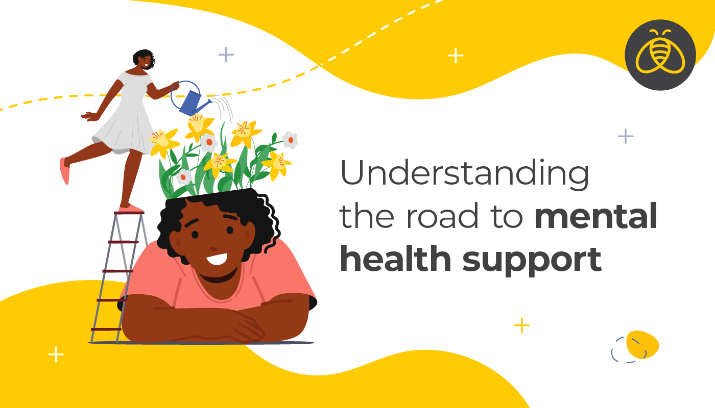 Text: Understanding the road to mental health support. Image of a woman on a ladder watering a garden growing out of another image of her own enlarged head.