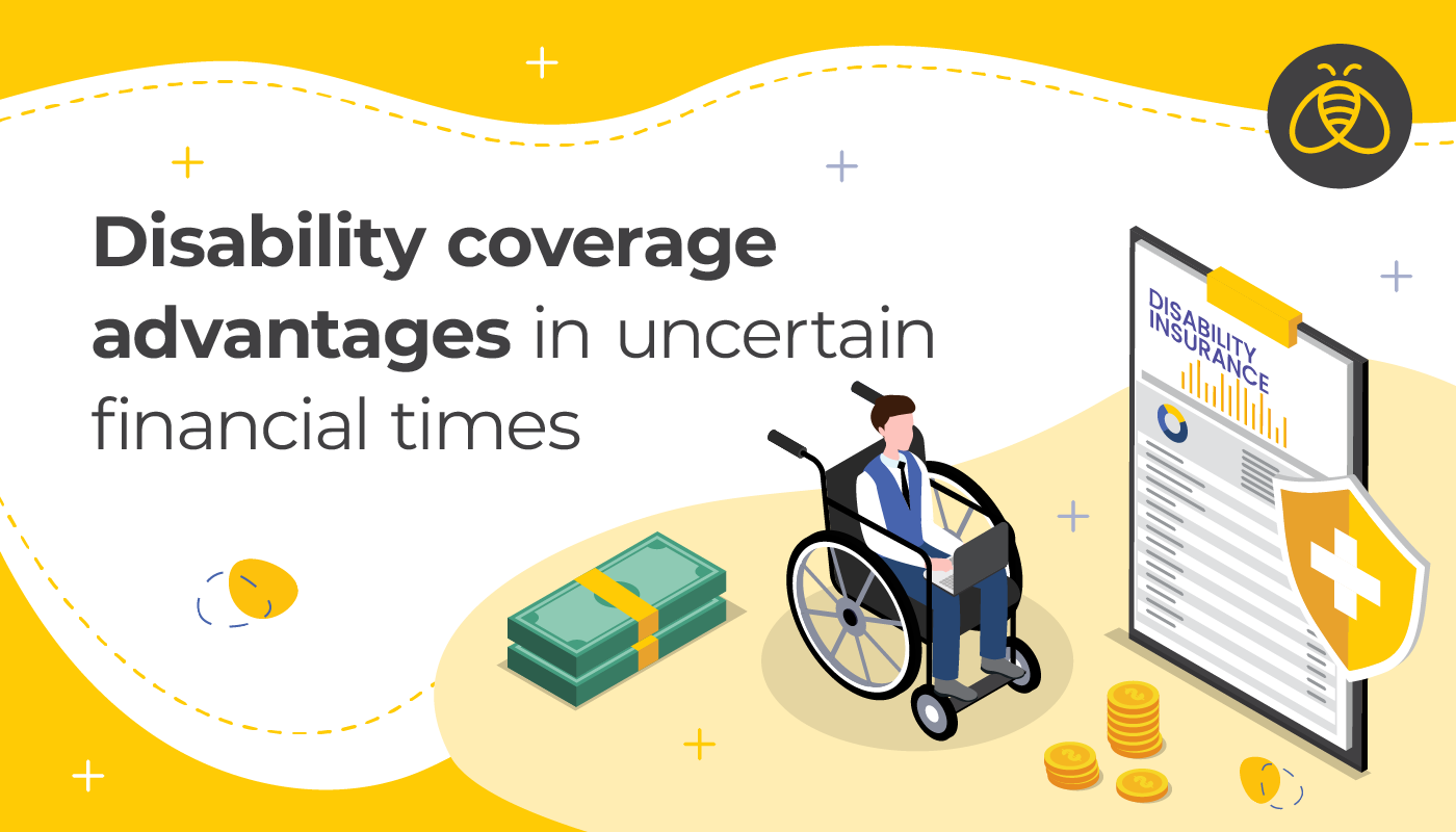 Disability coverage advantages in uncertain financial times. Image of man in wheelchair with a stack of cash behind him and a disability coverage application in front of him.