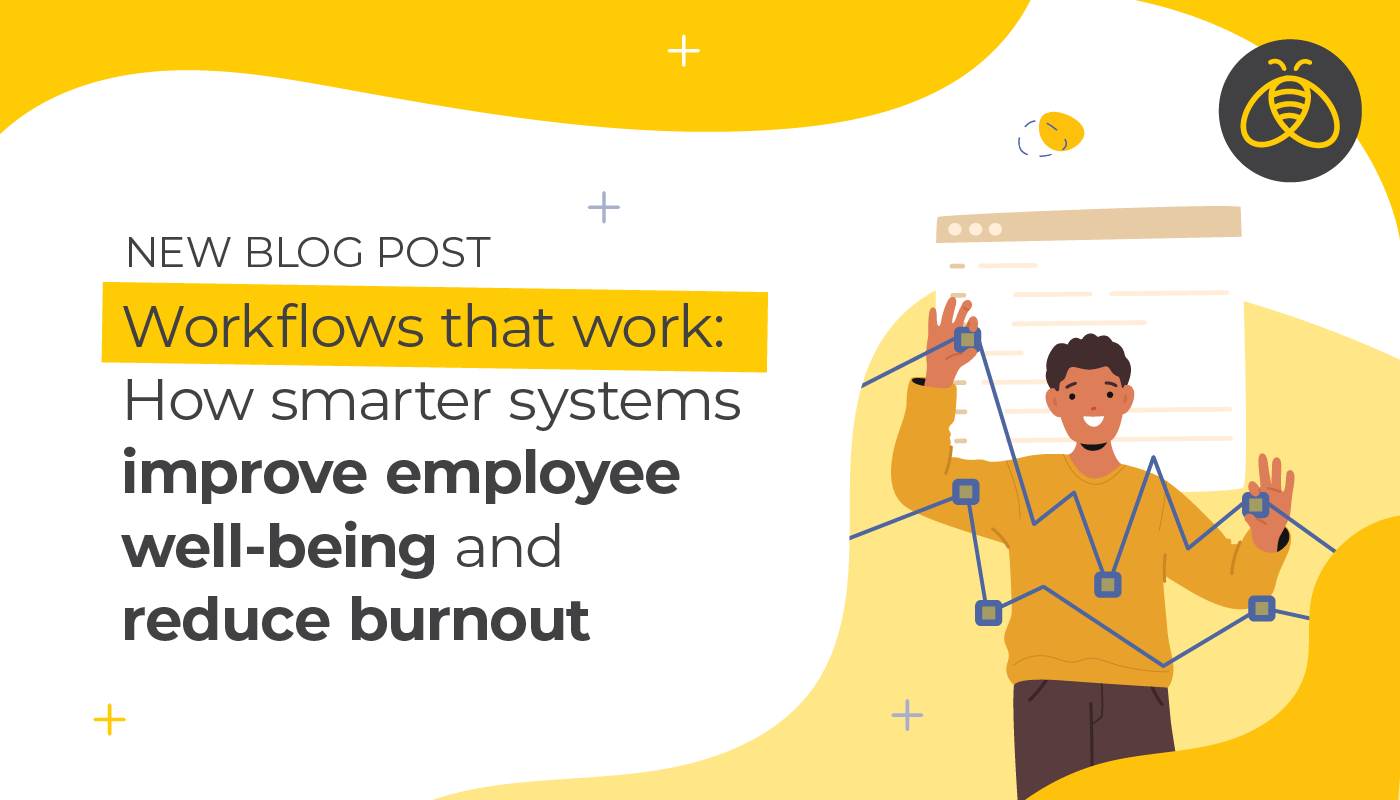 Text: Workflows that work: How smarter systems improve employee well-being and reduce burnout. Image: of person solving interactive dot puzzle.