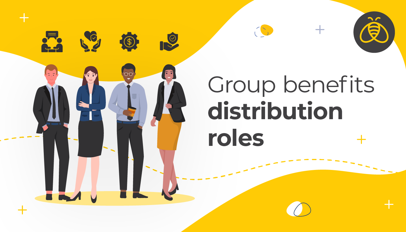 Group benefits distribution roles. Image of four office employees