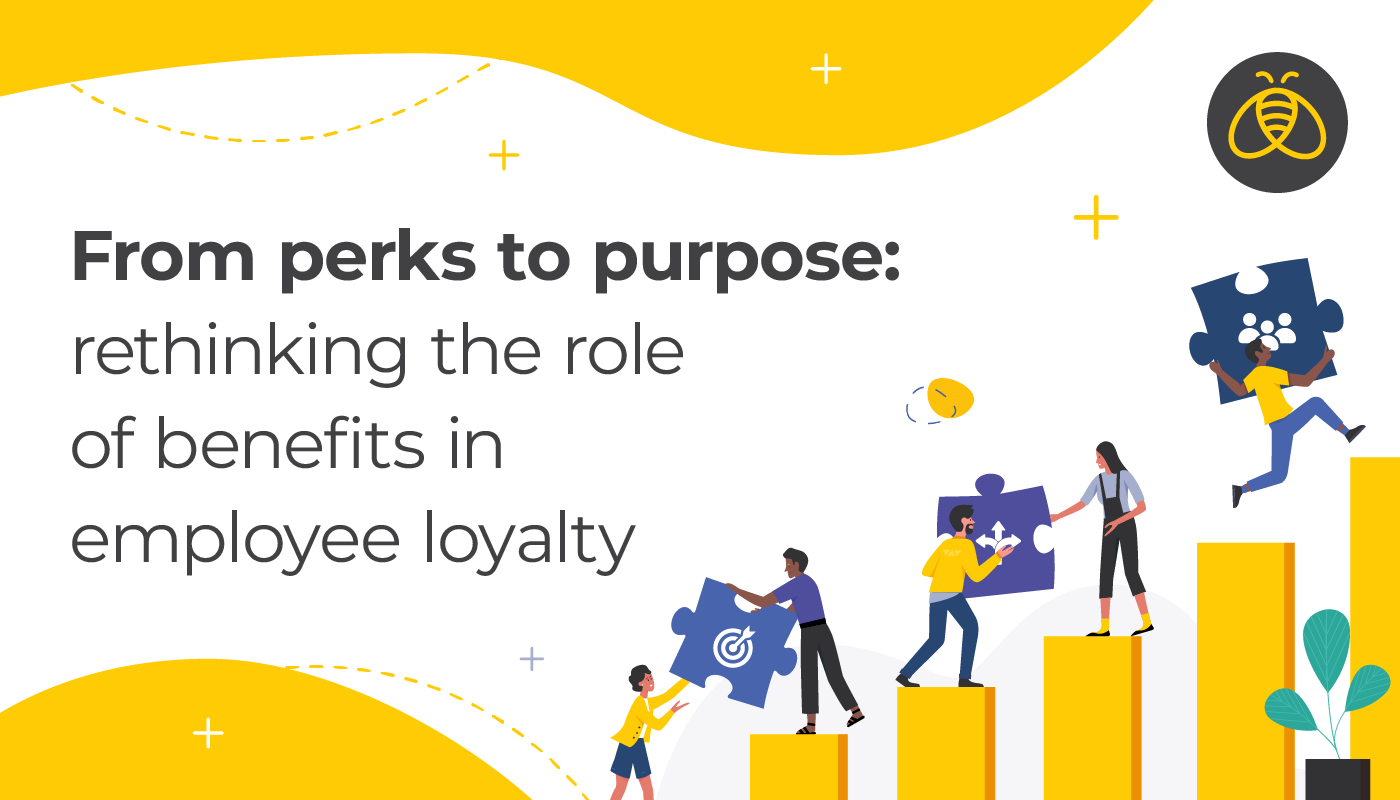 From perks to purpose: rethinking the role of benefits in employee loyalty. Image of 5 people climbing up steps and passing each other puzzle pieces.