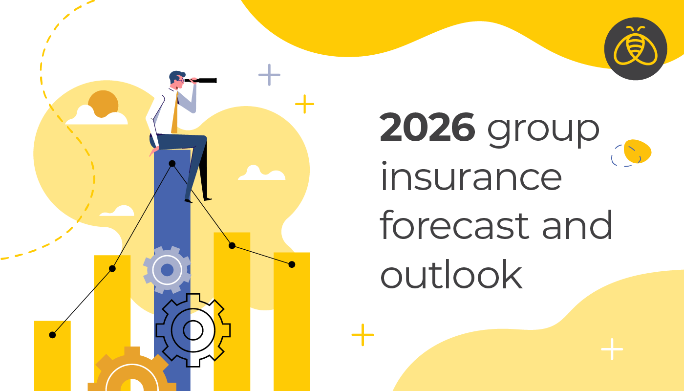 Text: 2026 group insurance forecast and outlook. Image: man sitting on top of the tallest bar graph bar, looking to the future with a telescope.
