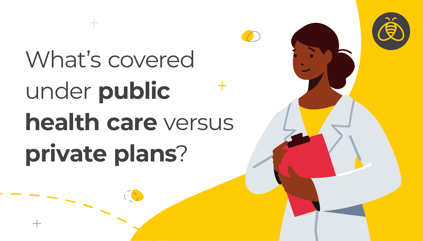 Text: What’s covered under public health care versus private plans? Image of doctor holding clipboard.