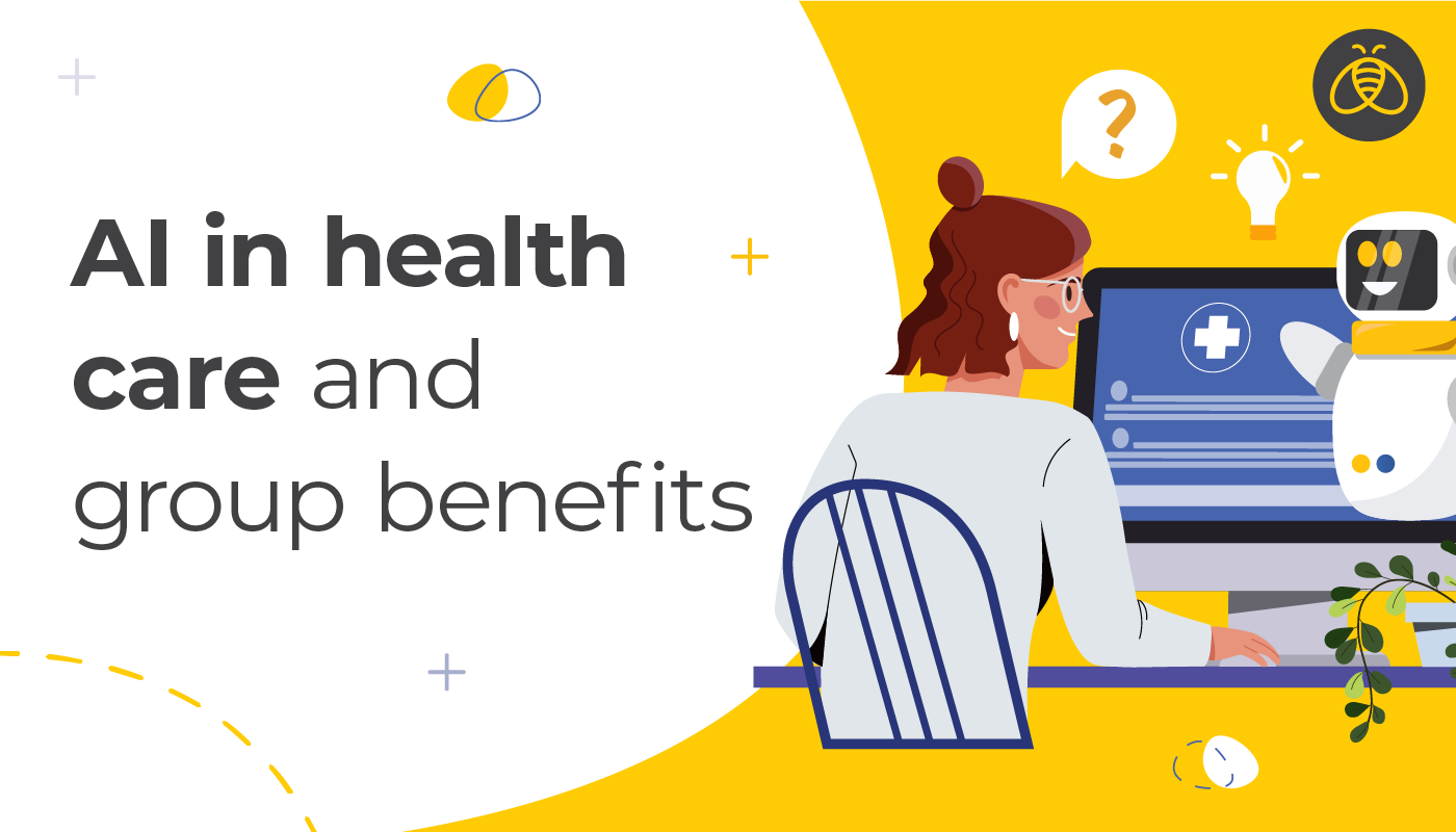 AI in health care and group benefits. IMage of woman sitting at desktop computer with a little robot helper